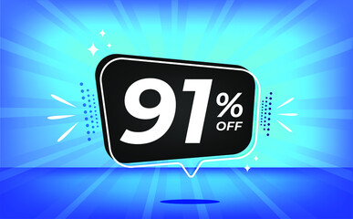 91% off. Blue banner with ninety-one percent discount on a black balloon for mega big sales.
