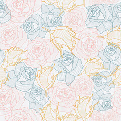 Vector golden hibiscus roses lace flower, blue and pink roses lace flower seamless repeat pattern with hand-drawn line art. Great for elegant themed fabric, wallpaper, scrapbooking