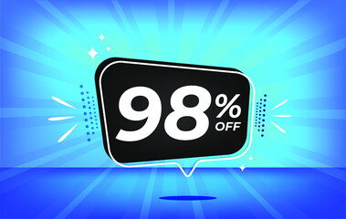 98% off. Blue banner with ninety-eight percent discount on a black balloon for mega big sales.