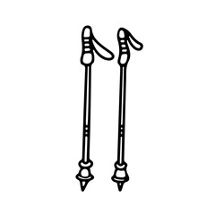 Nordic walking sticks in doodle style isolated on white background. Tourist and hiking equipment. Vector outline illustration. Design for hiking, rock climbing, mountaineering.