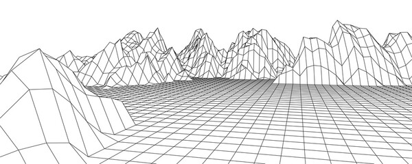 Wireframe 3D landscape mountains. Wireframe landscape wire. 3d landscape. Digital retro landscape cyber surface. Vector illustration.