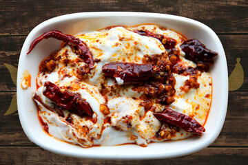 atom,chili yoghurt, appetizer on the table