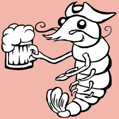 Black and white vector illustration of smiling moustached  pirate shrimp with beer mug