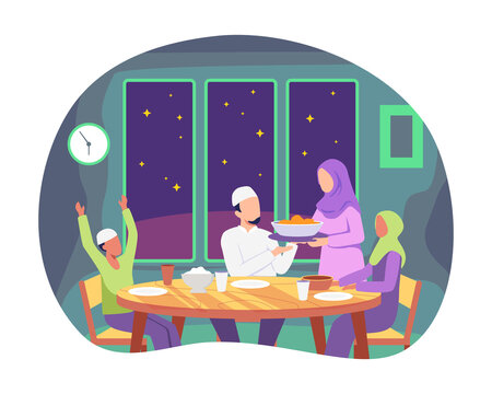 Muslim Family Eating Ramadan Iftar Together. Moslem Family Preparing Iftar Meal, Praying Before Having Iftar. Enjoying Ramadan Together In Happiness During Fasting. Vector Illustartion In A Flat Style