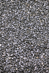 Seeds of black sesame background. Unpeeled sesame seeds. Healthy food. Nature vitamins. Vegan foods.Raw seeds of sesame. Vertical orientation