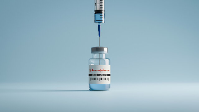 Johnson & Johnson vaccine vial with a needle in. 3D render.