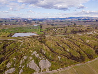 Idyllic tuscan countryside. Drone view, aerial shot.