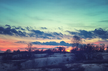 Gentle winter sunset. Remote nature scenery landscape