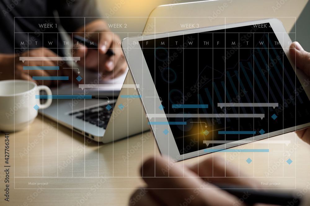 Poster businessman working project and update gantt software chart scheduling virtual diagram and progress 