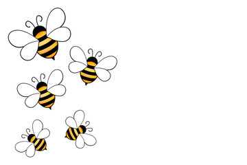 Cartoon cute bee mascot. Merry bee with an empty table. Small wasp. Vector character. Insect icon. Holiday template design for invitation, cards, wallpaper, school, kindergarten. Copy space