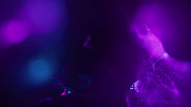 Abstract Macro slow motion shot of Blue and Orange Particle Fluid isolated on black. paint drops mixing in water. Ink swirling underwater. Colored cloud abstract smoke explosion animation. 3D render