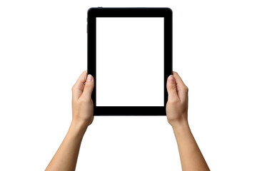 tablet with white screen for your text in the hands of a woman. Isolated object