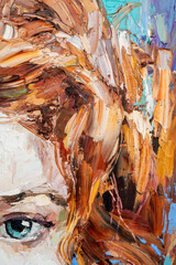 Female blue eye close up. Fragment of art painting on canvas. Portrait red head girl.