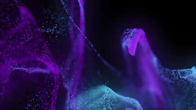 Abstract Macro slow motion shot of Blue and Orange Particle Fluid isolated on black. paint drops mixing in water. Ink swirling underwater. Colored cloud abstract smoke explosion animation. 3D render