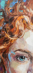Female blue eye close up. Fragment of art painting on canvas. Portrait red head girl.