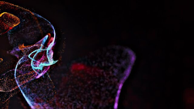 Abstract Macro slow motion shot of Blue and Orange Particle Fluid isolated on black. paint drops mixing in water. Ink swirling underwater. Colored cloud abstract smoke explosion animation. 3D render