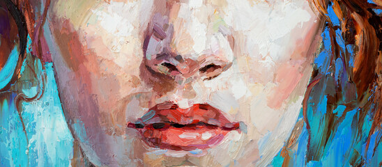 Fragment of art painting. Portrait of a girl with blond hair is made in a classic style.  .A woman's face with red lips.