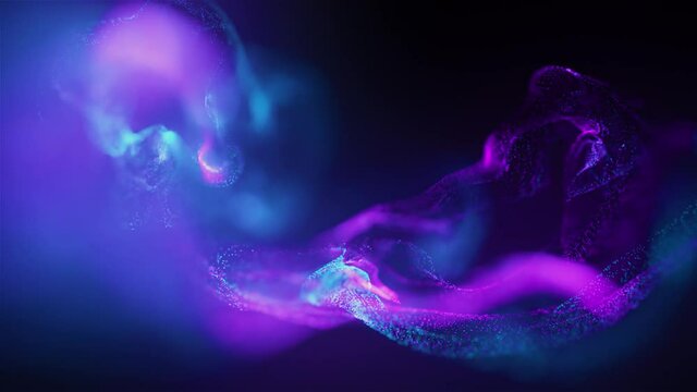 Abstract Macro slow motion shot of Blue and Orange Particle Fluid isolated on black. paint drops mixing in water. Ink swirling underwater. Colored cloud abstract smoke explosion animation. 3D render