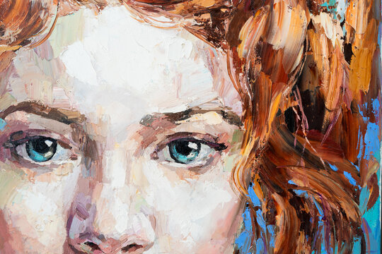 Fragment of art painting. Portrait of a girl with red hair is made in a classic style. .A woman's face with blue eyes.
