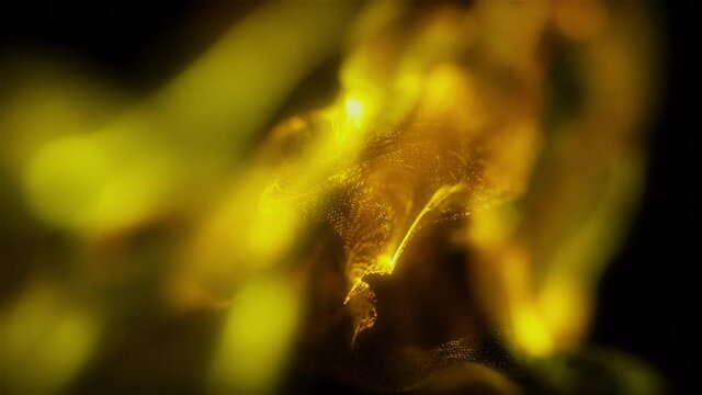 Abstract Macro slow motion shot of Blue and Orange Particle Fluid isolated on black. paint drops mixing in water. Ink swirling underwater. Colored cloud abstract smoke explosion animation. 3D render
