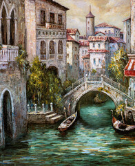 An oil painting of Venetian architecture and water canal in Venice, Italy.