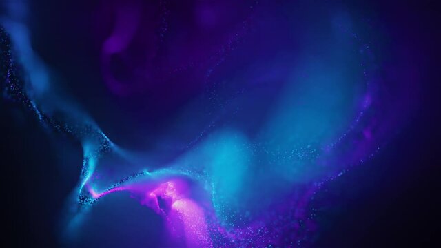 Abstract Macro slow motion shot of Blue and Orange Particle Fluid isolated on black. paint drops mixing in water. Ink swirling underwater. Colored cloud abstract smoke explosion animation. 3D render