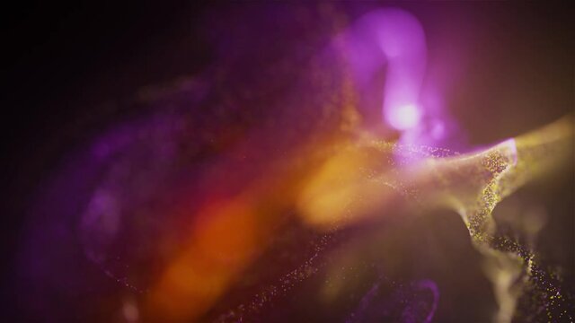 Abstract Macro slow motion shot of Blue and Orange Particle Fluid isolated on black. paint drops mixing in water. Ink swirling underwater. Colored cloud abstract smoke explosion animation. 3D render