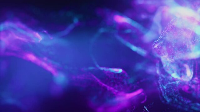 Abstract Macro slow motion shot of Blue and Orange Particle Fluid isolated on black. paint drops mixing in water. Ink swirling underwater. Colored cloud abstract smoke explosion animation. 3D render