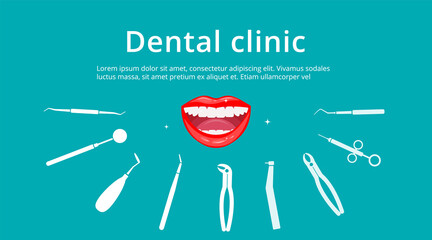 Dental clinic, dentistry, orthodontics banner. Open smiling female mouth with healthy white teeth surrounded by flat isolated icons. Dental tools and equipment background. Vector illustration