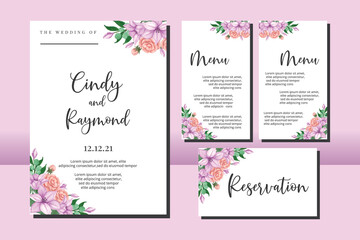 Wedding invitation frame set, floral watercolor hand drawn Peony and Zinnia Flower design Invitation Card Template