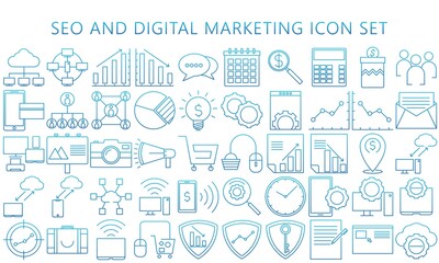 SEO and Marketing gradations tin outline Icons set. Contains such as Mail, Marketing, people, cloud connections, Target Audience, Product Presentation and more. Vector EPS 10 ready convet to SVG.