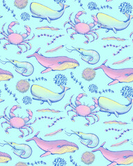 Naklejka premium Pacific sea animals pattern illustration.