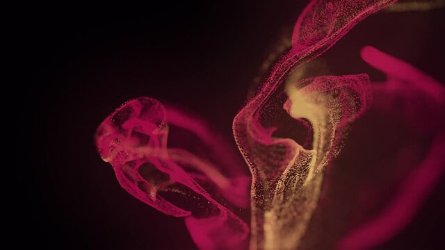Abstract Macro slow motion shot of Blue and Orange Particle Fluid isolated on black. paint drops mixing in water. Ink swirling underwater. Colored cloud abstract smoke explosion animation. 3D render