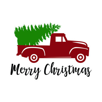 Old Vintage Red Christmas Truck With Pine Tree Vector