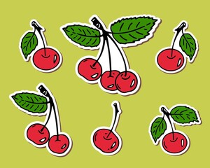 Cherry berries. Vector set of illustrations. Stickers on an isolated background. Red fruits of the cherry tree. Contour hand-drawn drawings for postcards, summer backgrounds, packaging, paper, prints.