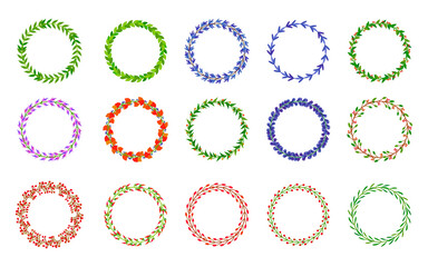 Wreaths frame set. Green leaves with berry, branch wreath. Petal decor bunches in flat cartoon style. Design element for greeting card or emblem, logo. Floral plant border Isolated vector illustration