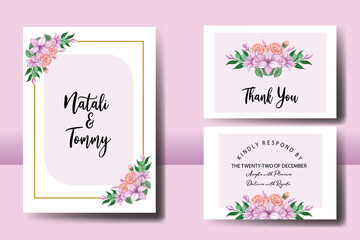 Wedding invitation frame set, floral watercolor hand drawn Peony and Zinnia Flower design Invitation Card Template