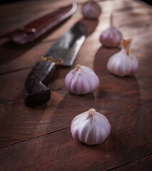 garlic bulb on a rustic wooden table, selective focus and blurred background with a knife, sheath and some garlic bulbs. fill light simulating window lighting, copy space