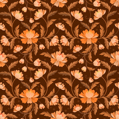 Yellow brown flowers and leaf seamless pattern.