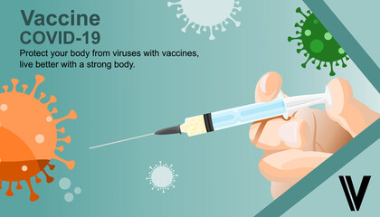 Call for the COVID-19 vaccine. and a syringe. The concept of a vaccine to prevent or fight the Corona virus