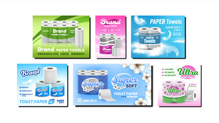 Towels And Toilet Paper Promo Posters Set Vector. Hygienic Soft Paper Accessories Blank Packages, Bird Feather And Blossom Flowers Collection Advertise Banners. Style Concept Layout Illustrations