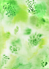Fototapeta na wymiar Summer fresh watercolor background, green stains, dots, splashes. Background for lettering, stori, presentation