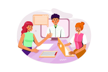 Two woman are having online meeting with a man