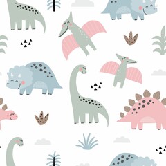 Cute dino Mom and Baby. Cartoon illustration dinosaur family. Vector seamless pattern with cute dino in scandinavian style