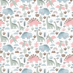 Cute dino Mom and Baby. Cartoon illustration dinosaur family. Vector seamless pattern with cute dino in scandinavian style © NadezdaBarkova