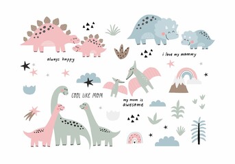 Cute doodle dino. Cartoon illustration dinosaur family. Vector print with cute dino in scandinavian style © NadezdaBarkova
