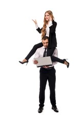 Obraz premium Business concept with colleagues working with gadgets together