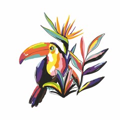 Hand drawn art print with Exotic tropical toucan and tiger © NadezdaBarkova