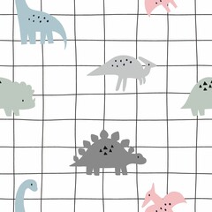 Cute doodle dino. Cartoon illustration dinosaur family. Vector abstract seamless pattern with cute dino in flat style on cage background © NadezdaBarkova