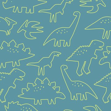 Cute doodle dino. Cartoon illustration dinosaur family. Vector abstract seamless pattern with cute dino in flat style on cage background